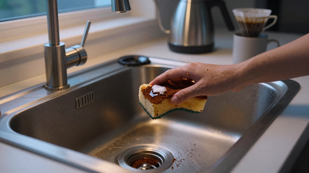 Hand holding a sponge with soap over a stainless steel kitchen sink near a window.