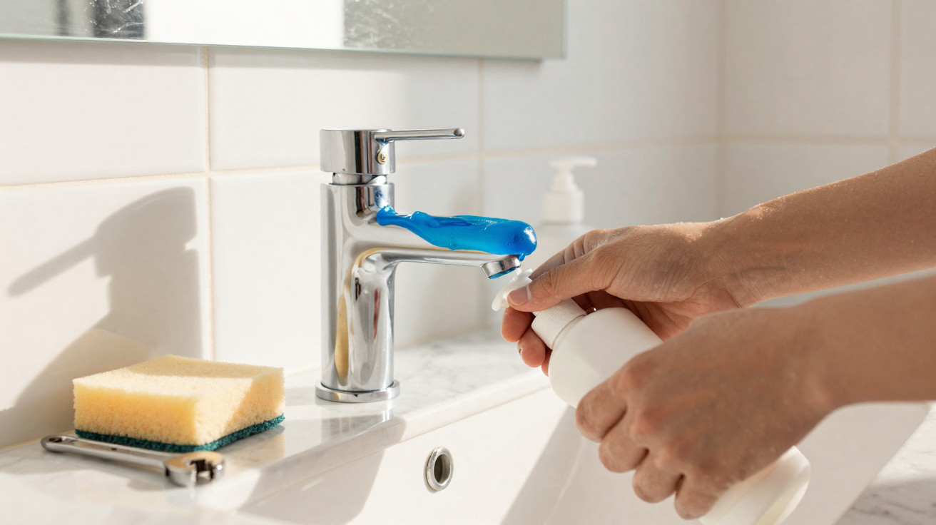 Person dispensing liquid soap from a white bottle near a sink with a blue tap and a yellow sponge.