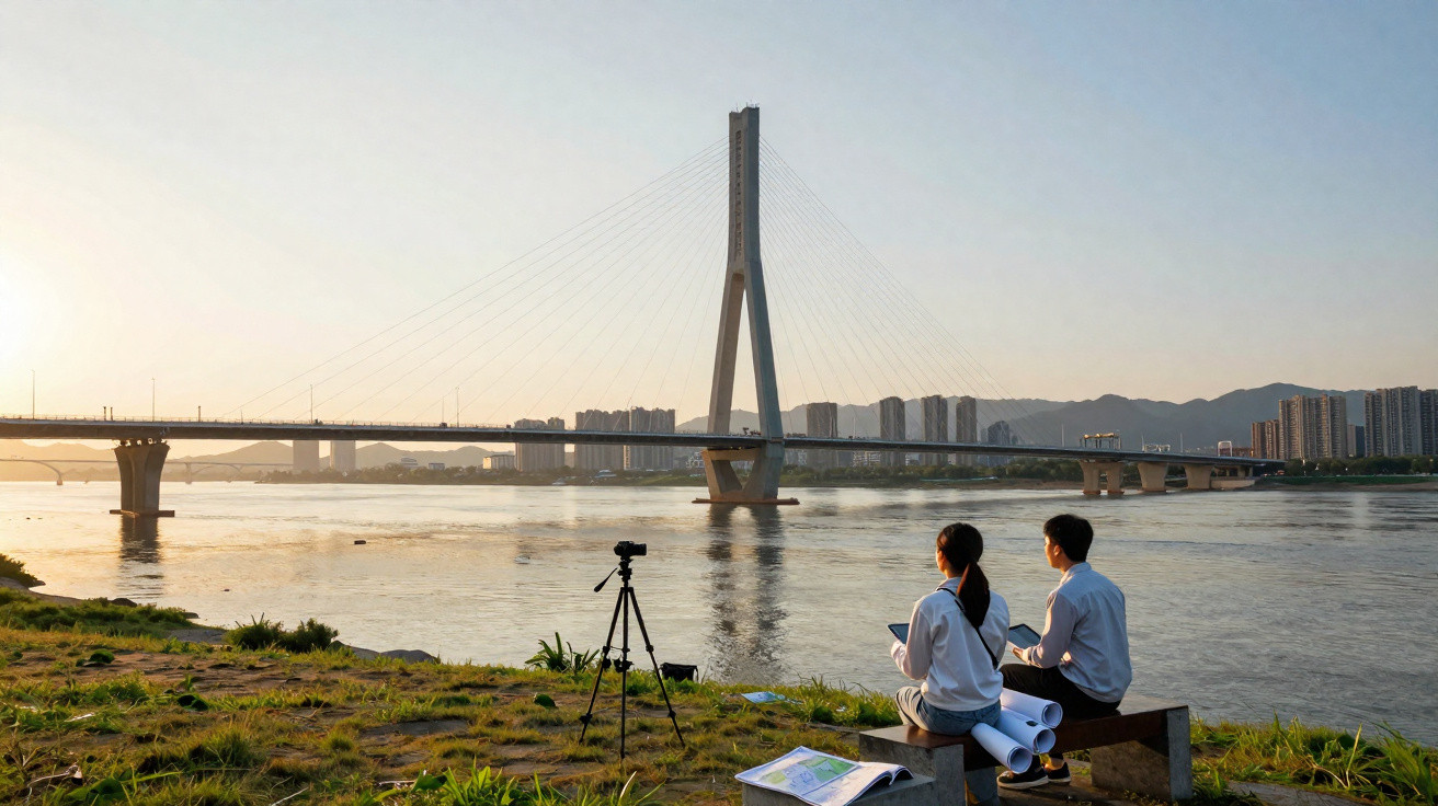 Two people sit on a bench by a riverbank with a camera on a tripod, observing a cable-stayed bridge at sunset.