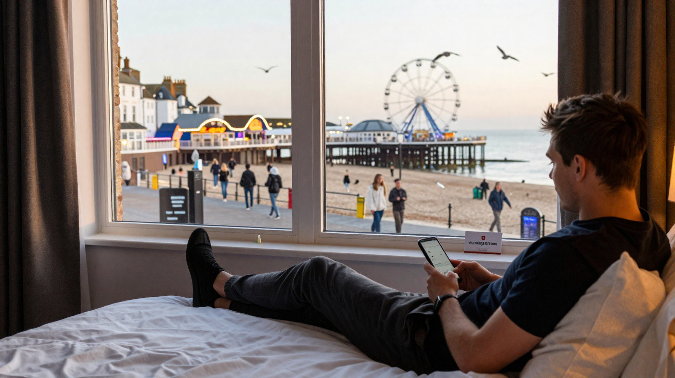 Man lying on bed using phone with view of beach, pier with Ferris wheel, and people walking outside window