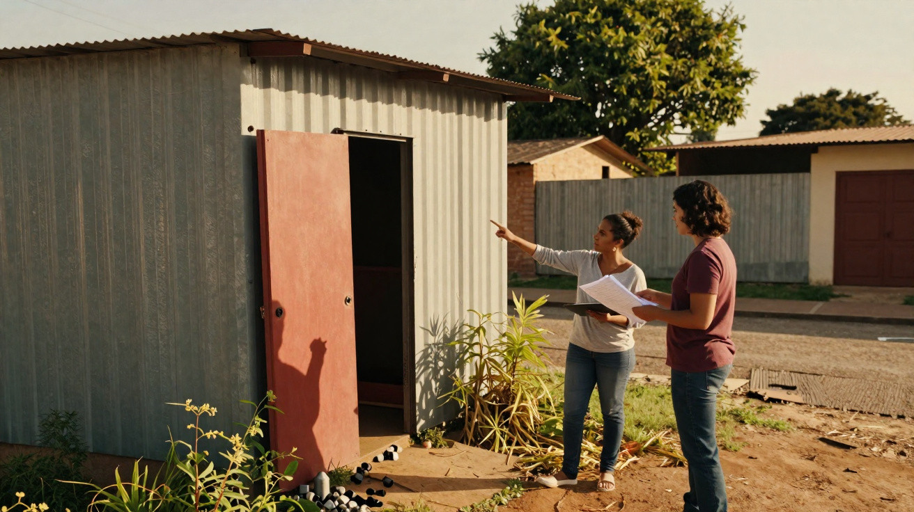 Two people inspecting a small metal shed with the door partially open on a sunny day.