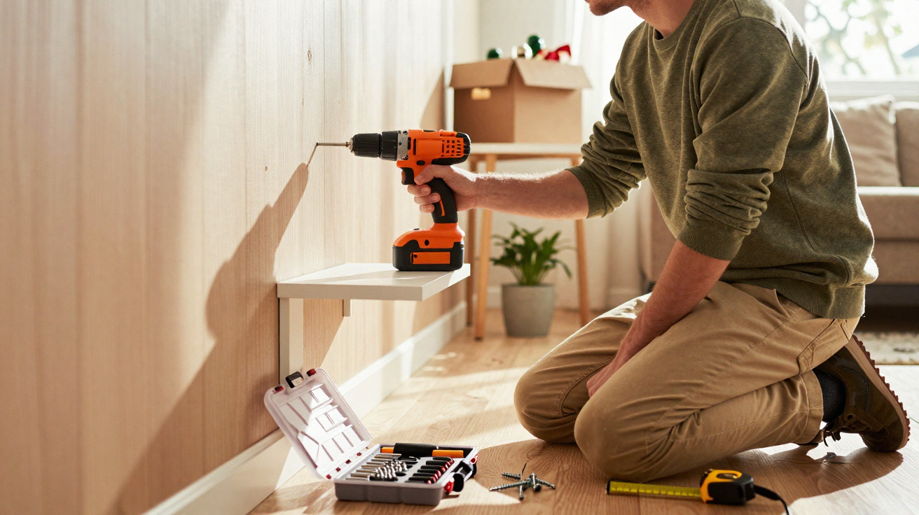 Person kneeling on wooden floor using an electric drill to install a white wall-mounted shelf.
