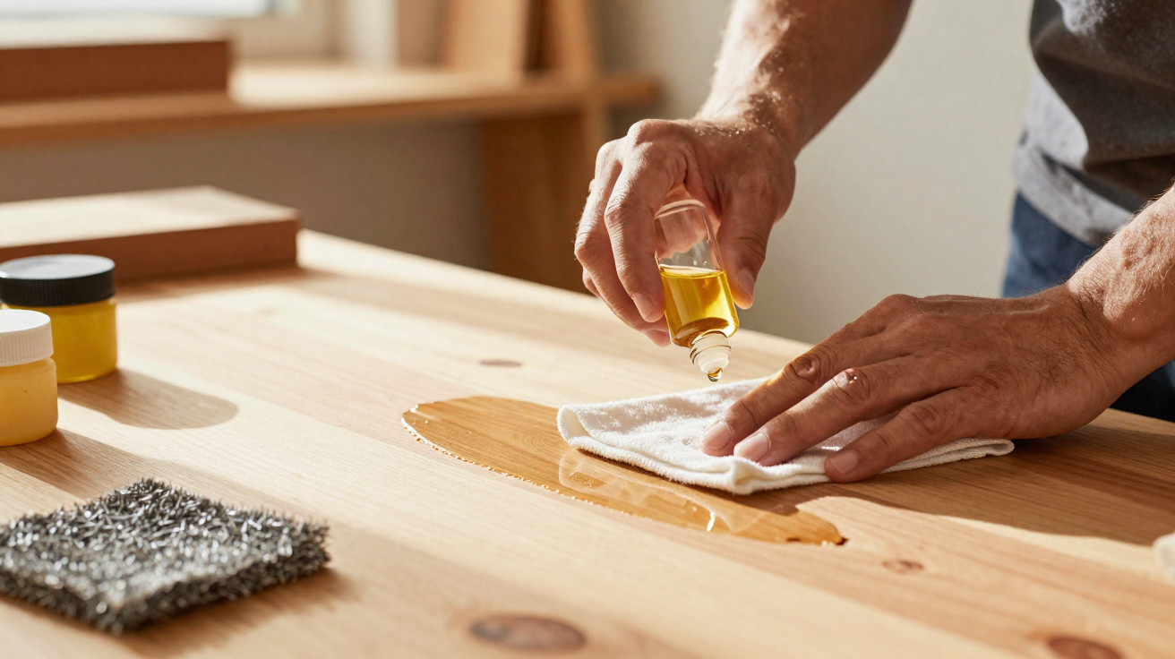 Person applying oil from a small bottle onto a cloth to treat a wooden surface on a table.