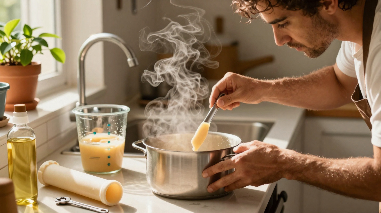 Man tasting food from a steaming pot in a sunlit kitchen with ingredients on the counter.