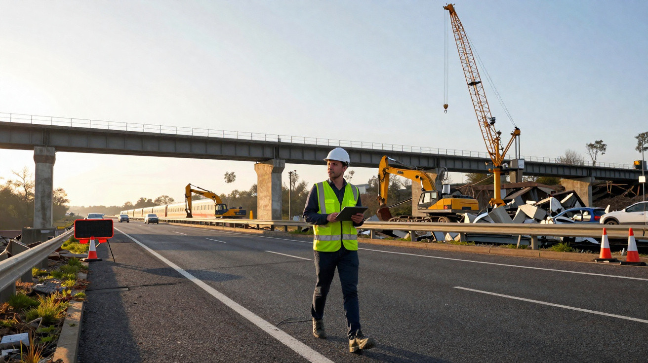Construction worker wearing a helmet and high-visibility vest walking on a road near heavy machinery and a bridge.