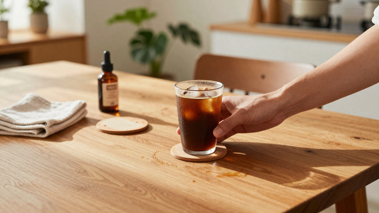 Hand placing a glass of iced coffee on a wooden table with a coaster, cloth, and bottle in the background.