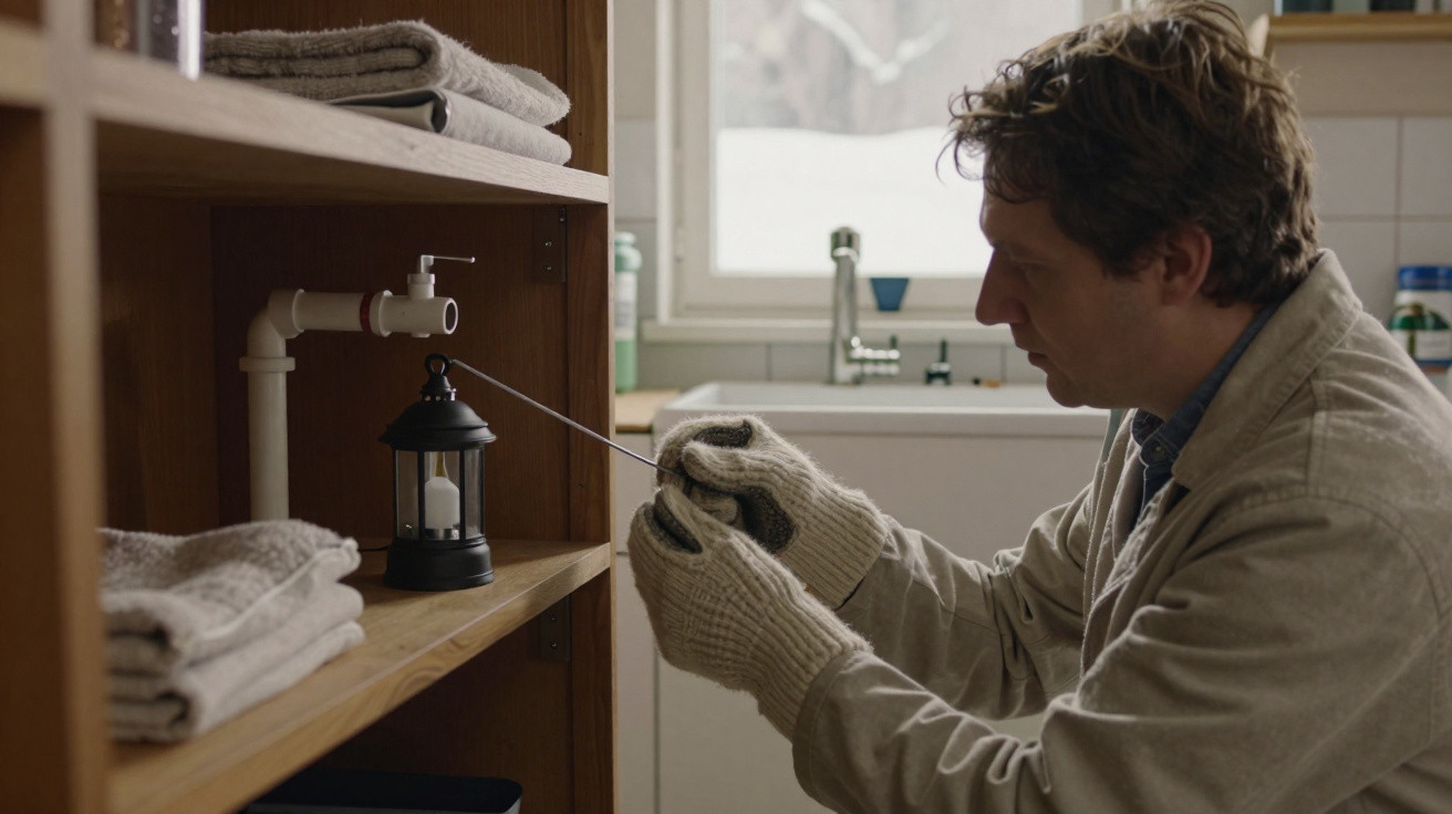 Man in gloves lighting a candle inside a black lantern on a wooden shelf next to folded towels in a kitchen.