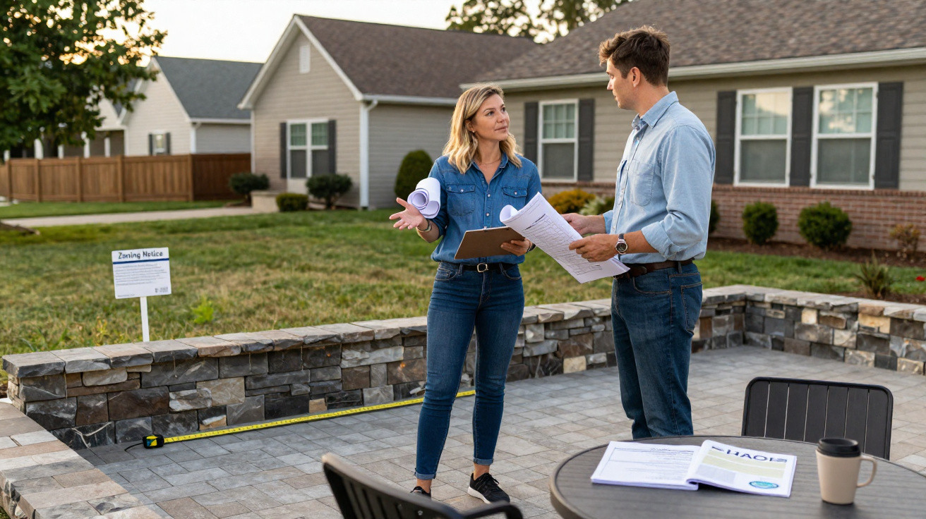 Two people discussing plans outside a suburban house near a zoning notice and measuring tape.