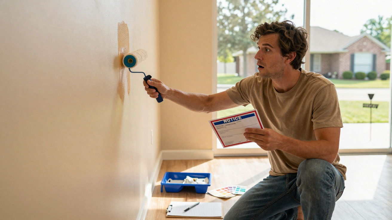 Man testing paint colour on wall with roller while holding paint colour samples and notice indoors.