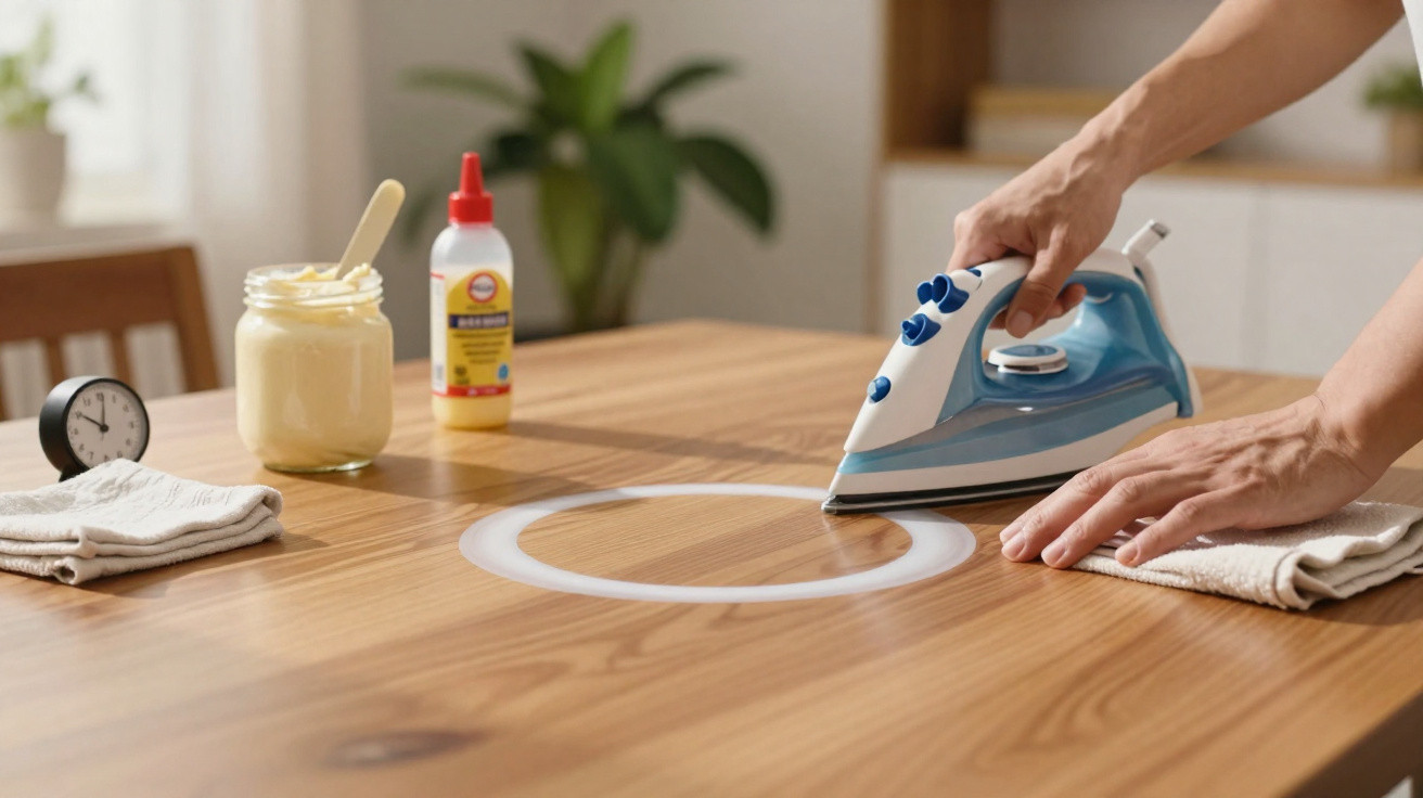 Person using an iron on a wooden table surface with a white ring stain and cleaning supplies nearby