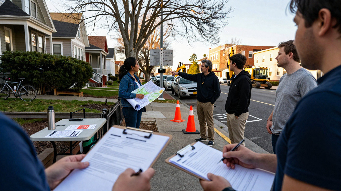 Group outdoors with clipboards and a map, discussing plans on a residential street near traffic cones.
