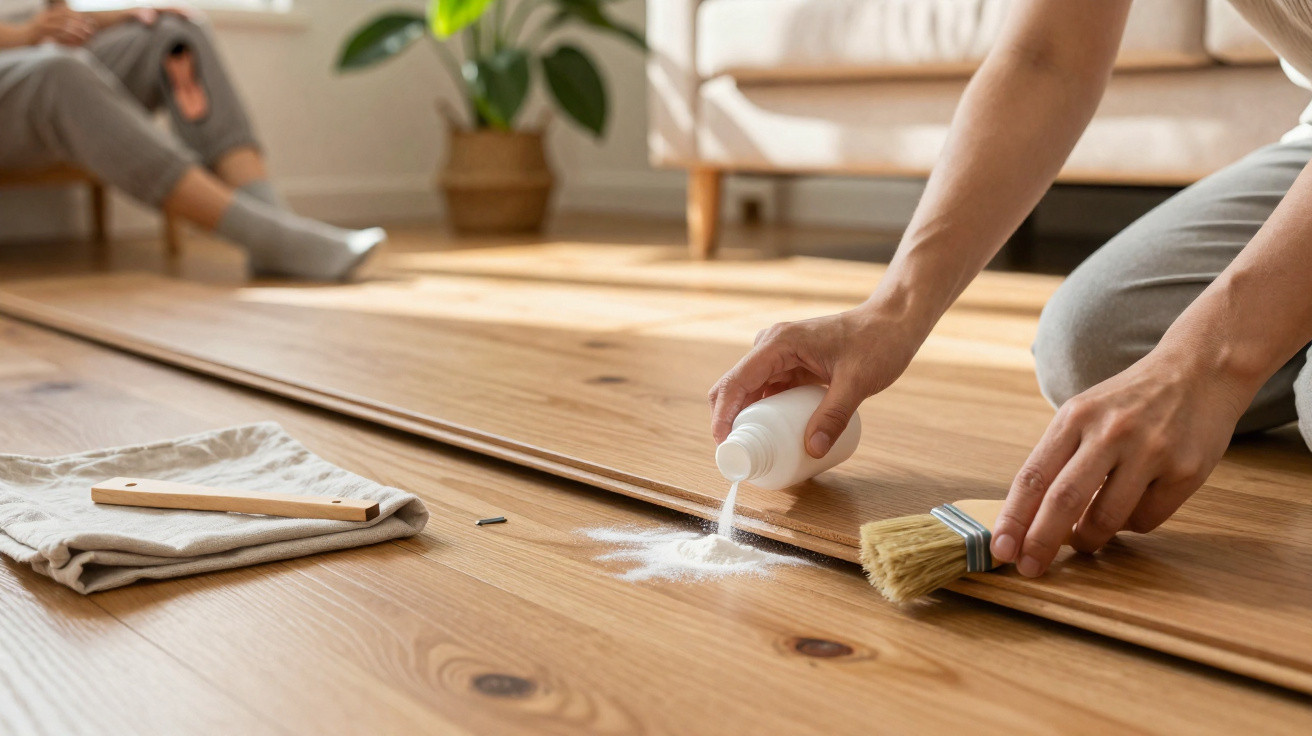Hands sprinkling powder and brushing wood flooring planks during installation in a bright living room