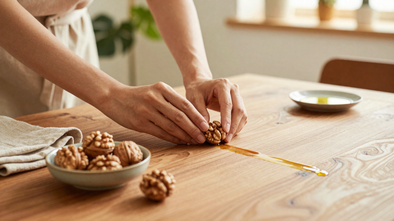 Hands rolling walnuts on a wooden table near a small bowl of walnuts and a honey drizzle.
