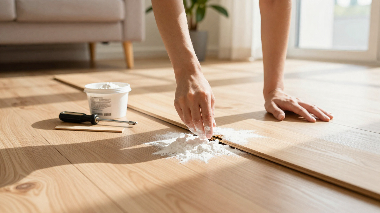 Person applying white wood filler to gaps between wooden floor panels during installation.
