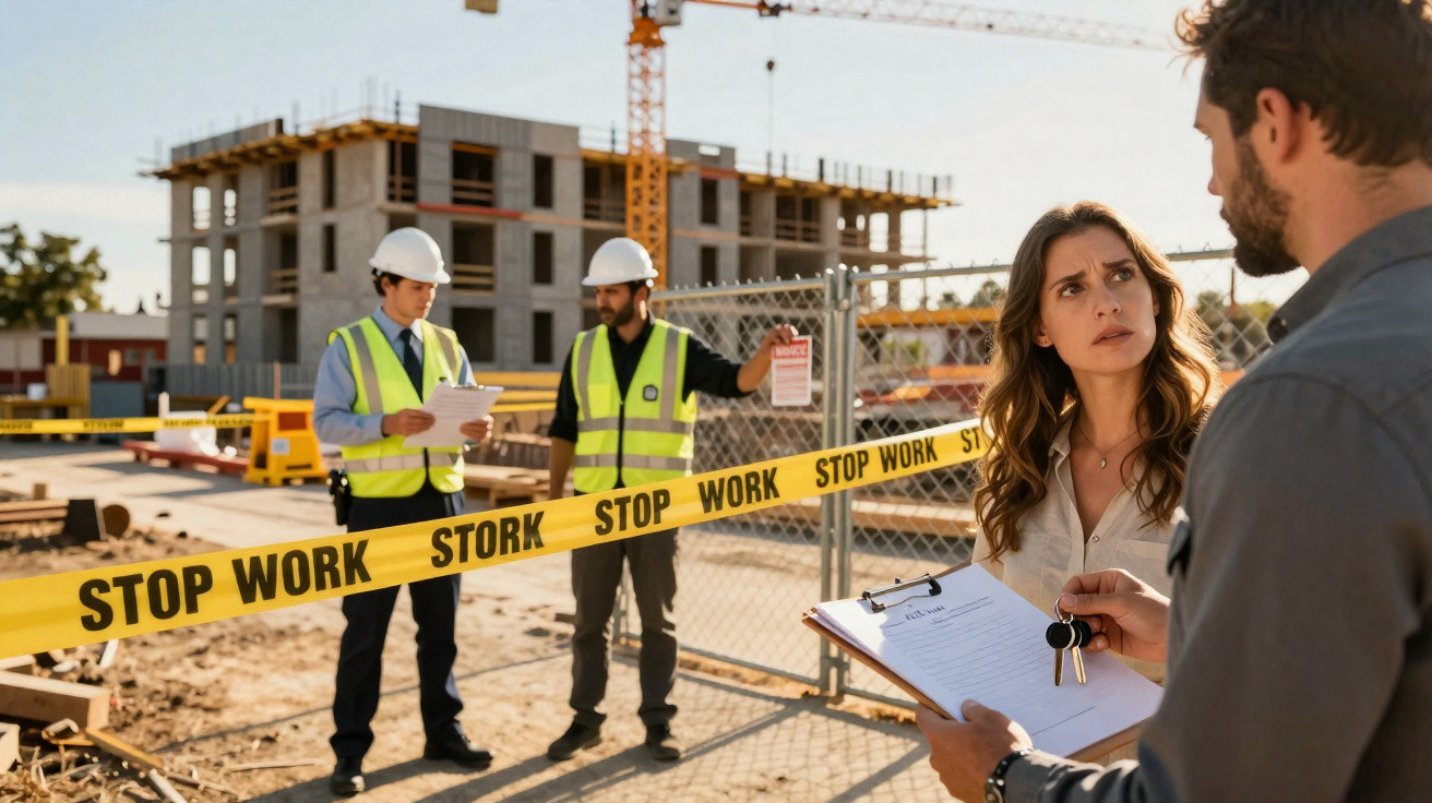 Construction site halted with two engineers and two people discussing near stop work tape and a building in progress.