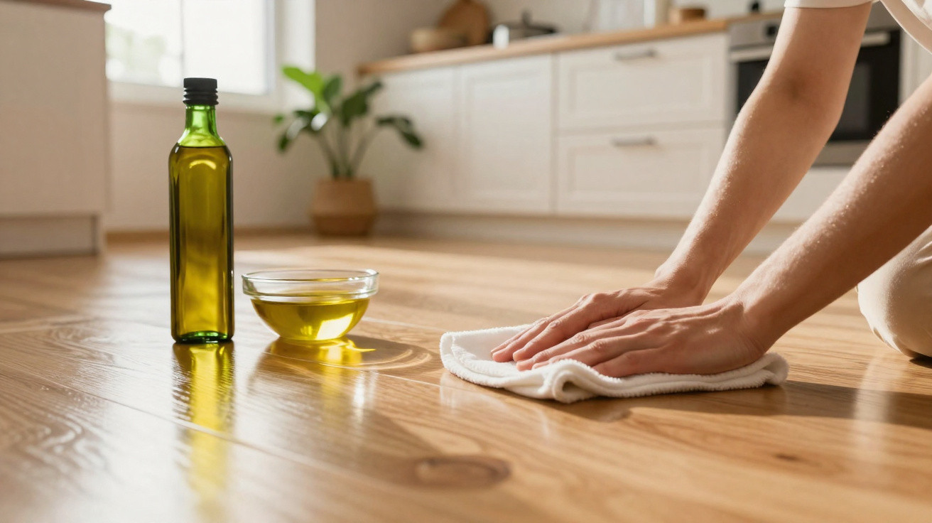 Hands cleaning a wooden floor with a white cloth next to a bottle and bowl of olive oil in a bright kitchen.