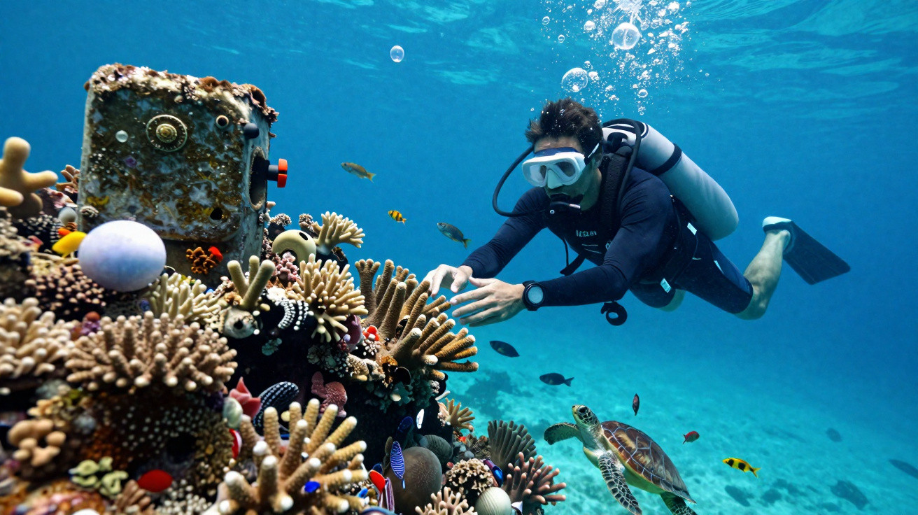 Scuba diver explores colourful coral reef with fish and a sea turtle underwater.