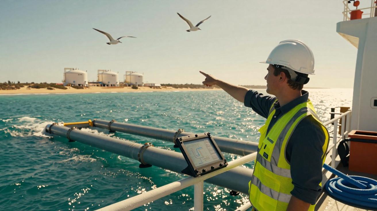 Man in safety helmet and vest pointing towards oil storage tanks on a coastline from a boat.