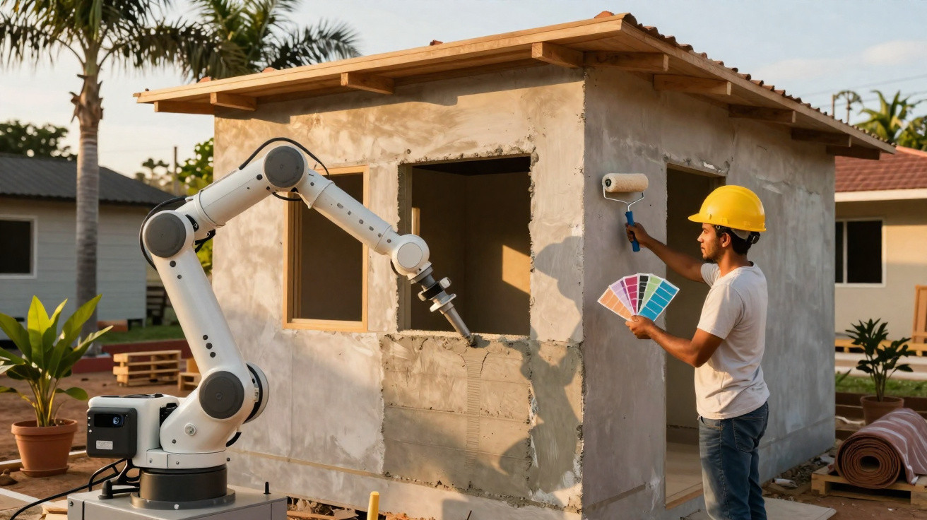 Construction worker holding paint samples while a robotic arm paints a small house exterior wall.