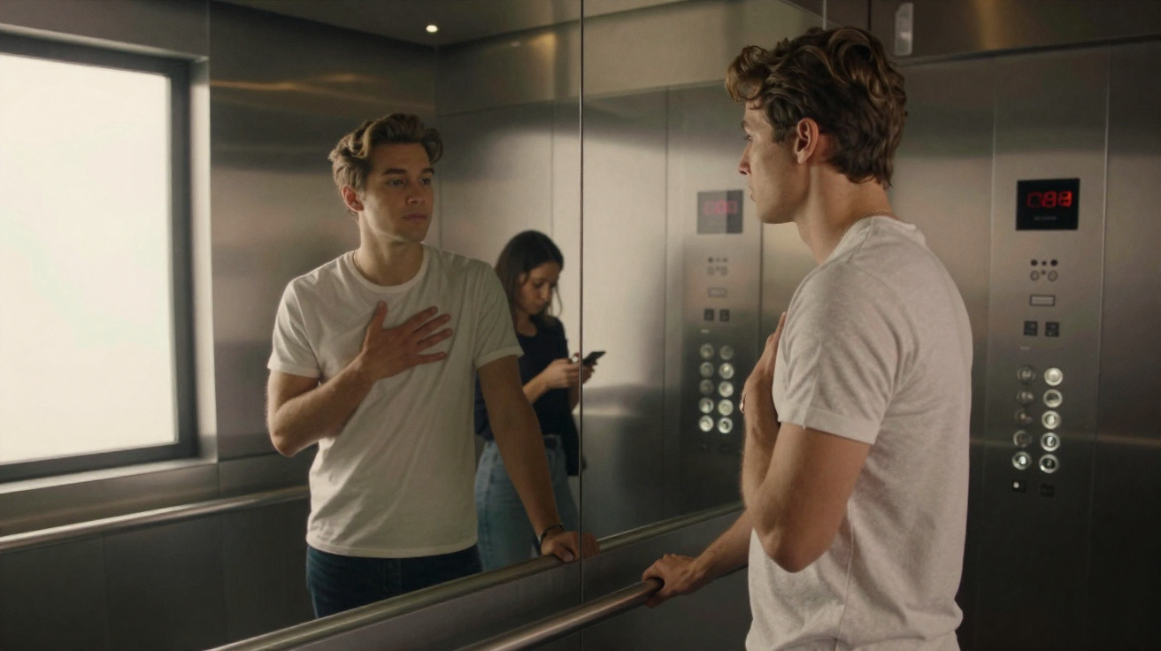 Young man in white t-shirt looking at himself in elevator mirror, woman using phone in background.