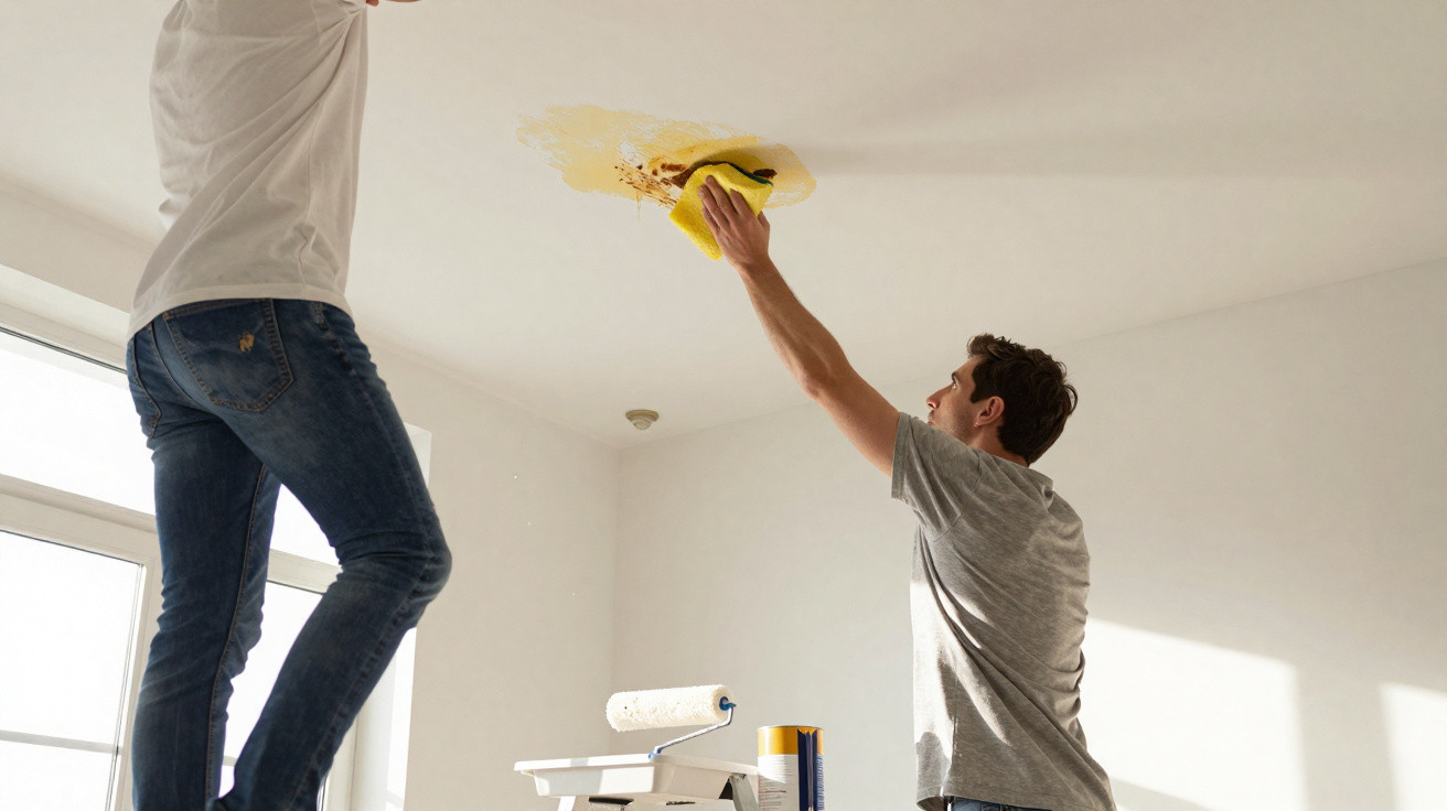 Two men cleaning a dirty ceiling with a yellow cloth in a bright, empty room.