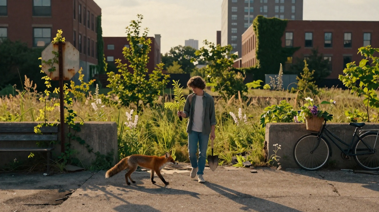 Young person with a shovel and trowel stands near a fox in an urban garden with bike and flowers nearby.