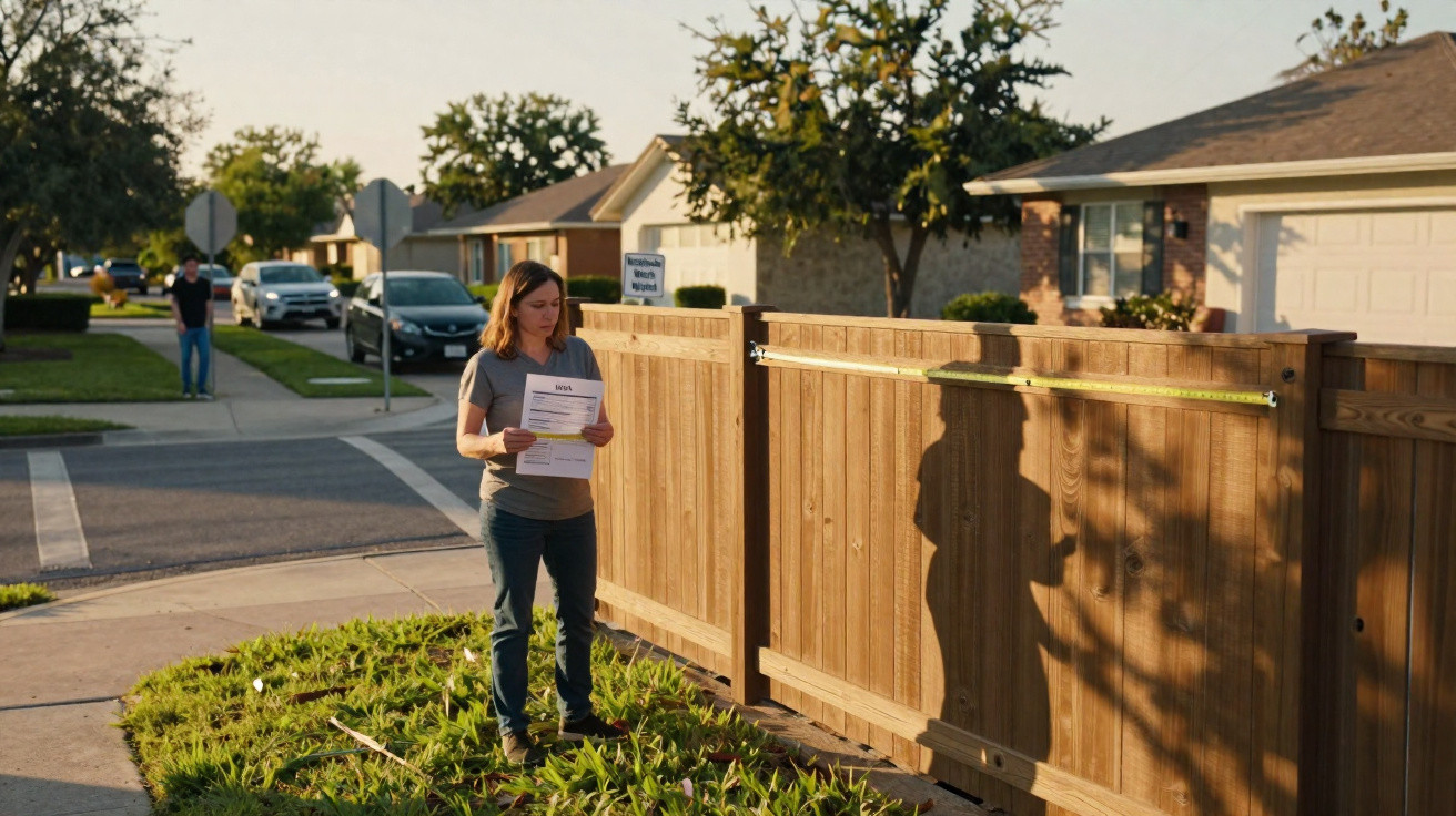 Woman measuring wooden fence with tape measure in residential neighbourhood at sunset.