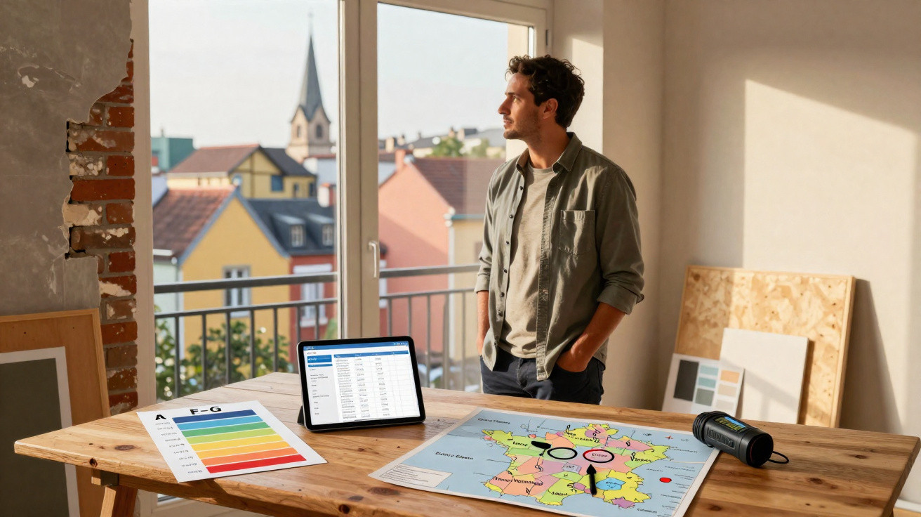 Man standing by a table with a map, tablet, colour chart, and portable speaker in a sunlit room with large window.
