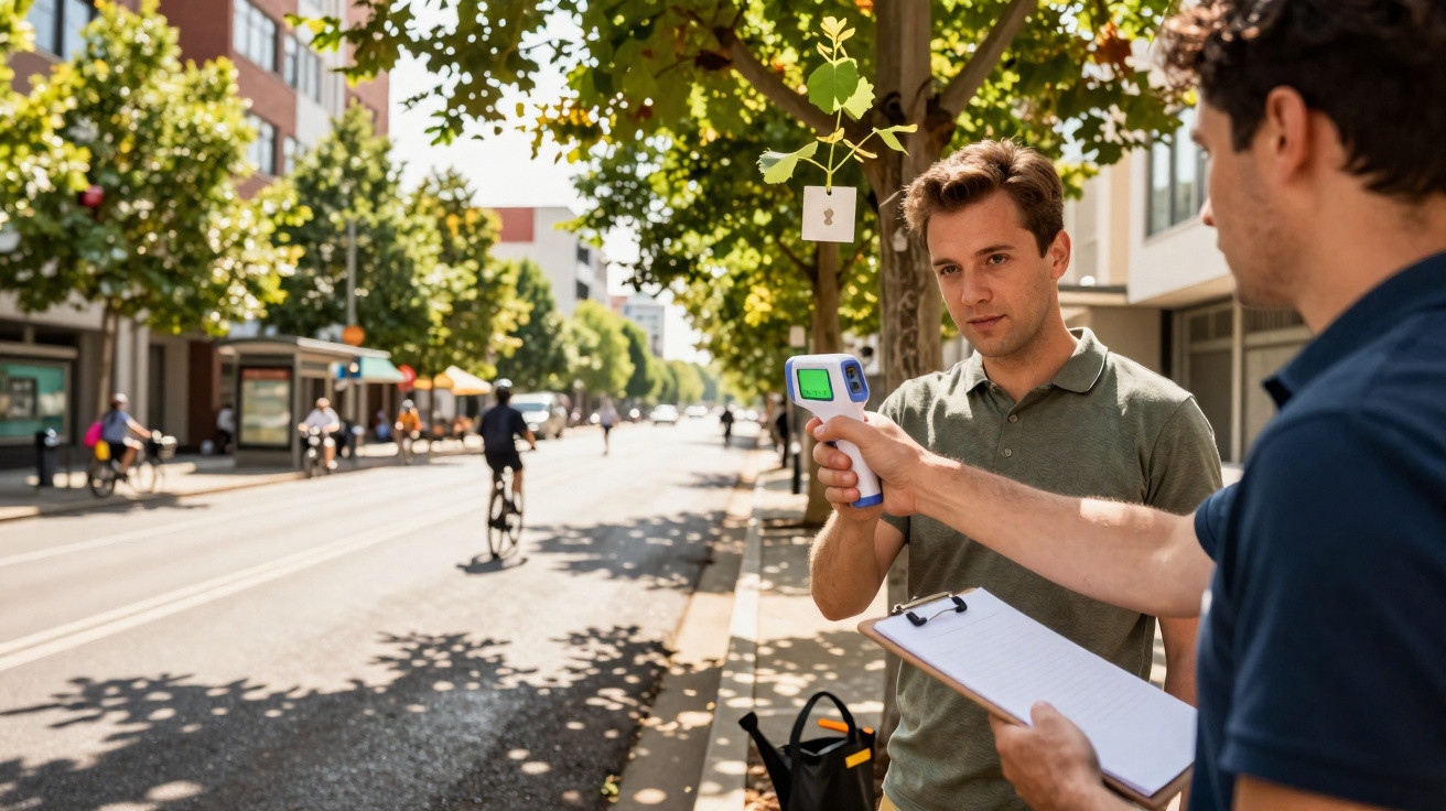 Two men on a sunlit street, one holding a clipboard and the other a digital thermometer.