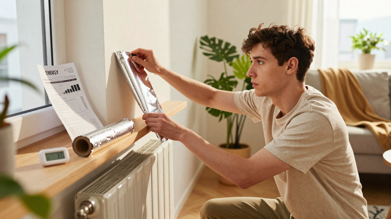 Young man applying aluminium foil behind a radiator on a windowsill in a living room.