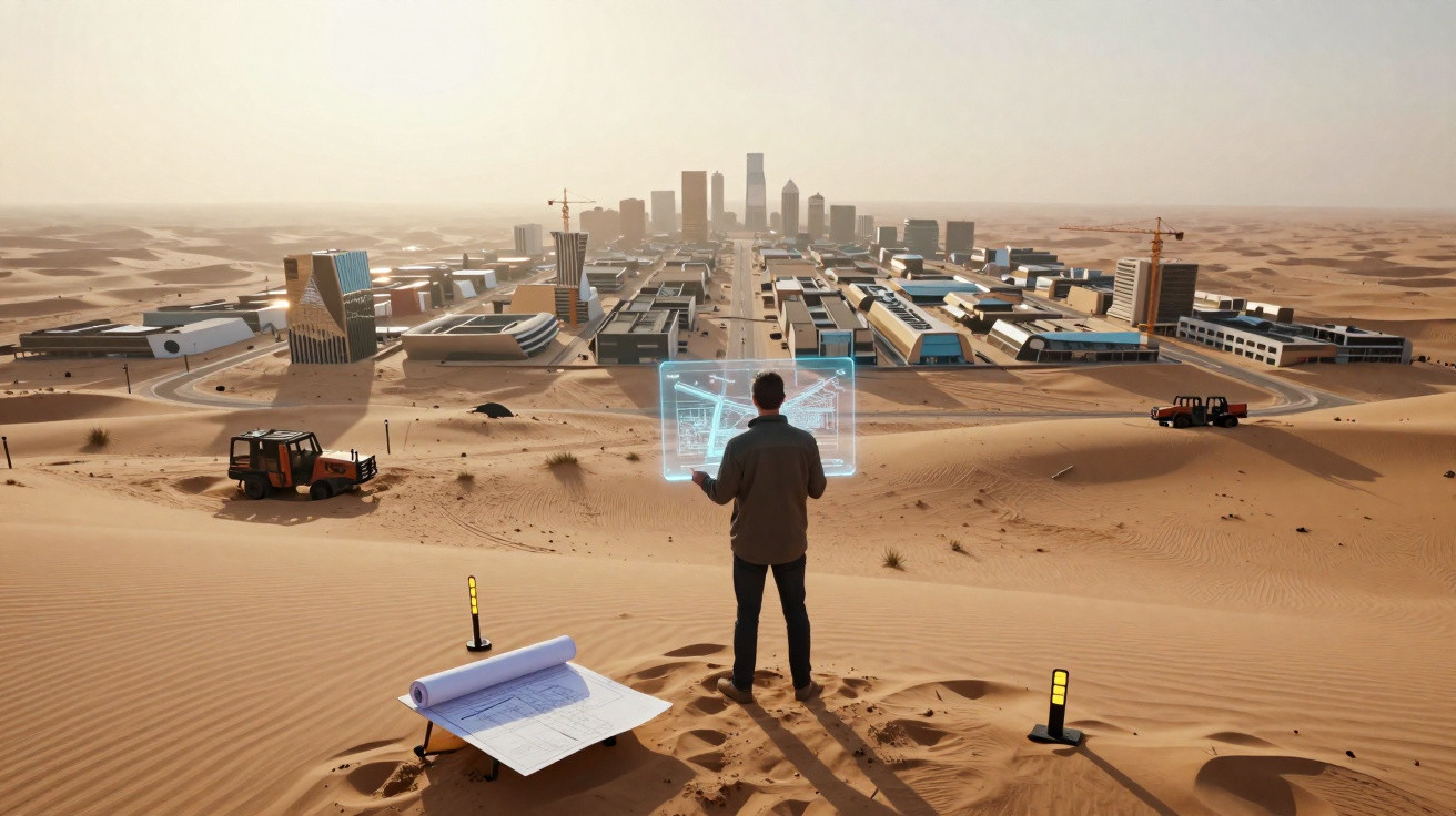 Person with holographic blueprint overlooking futuristic city construction in a desert landscape.