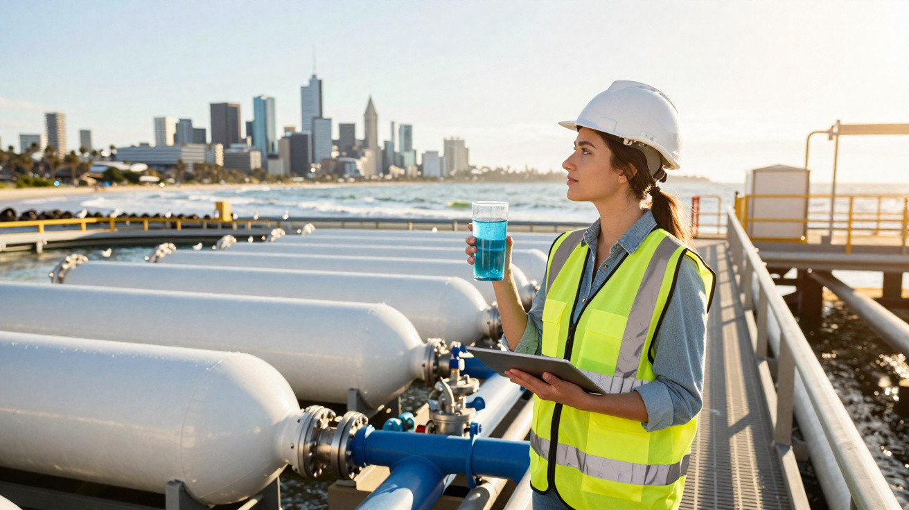 Female engineer wearing a hard hat and high-visibility vest inspects water sample at a water treatment facility.