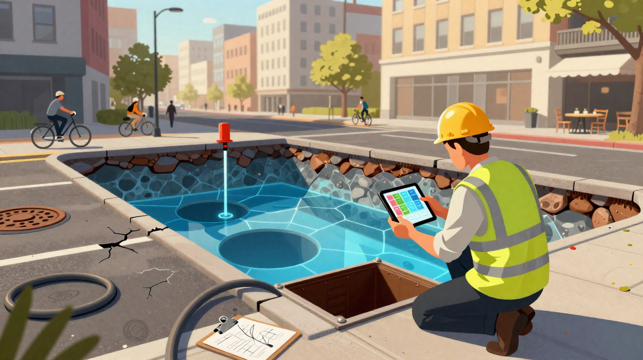 Engineer in safety gear using tablet to inspect underground water pipes in city street with cyclists passing by.