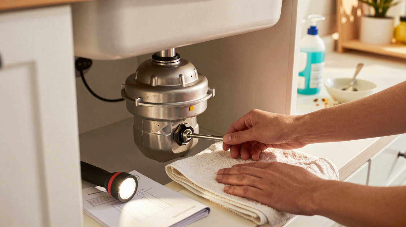 Person fixing a kitchen sink garbage disposal under the basin with a cloth and flashlight nearby.