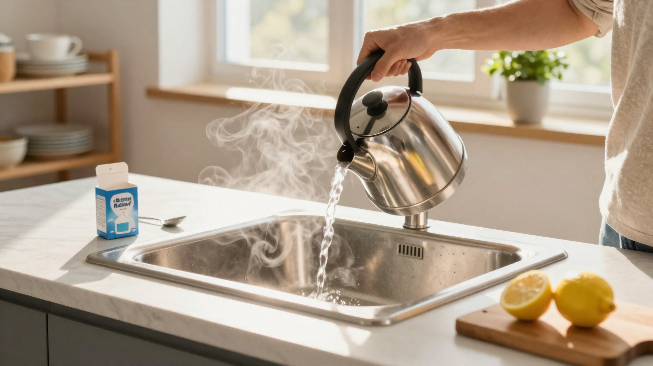 Person pouring steaming hot water from a kettle into a kitchen sink with lemons and baking soda nearby