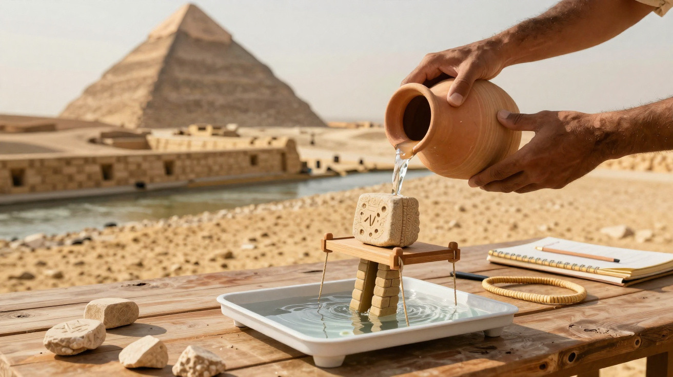 Hands pouring water from a clay jug onto an ancient water clock model with a pyramid in the background.