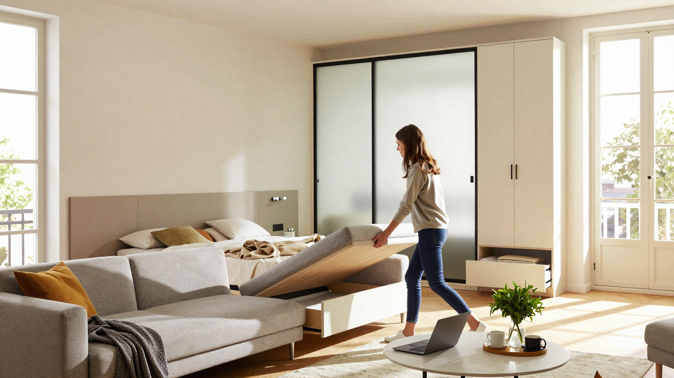 Woman unfolding a sofa bed in a bright, modern living room with sliding wardrobe and balcony doors.
