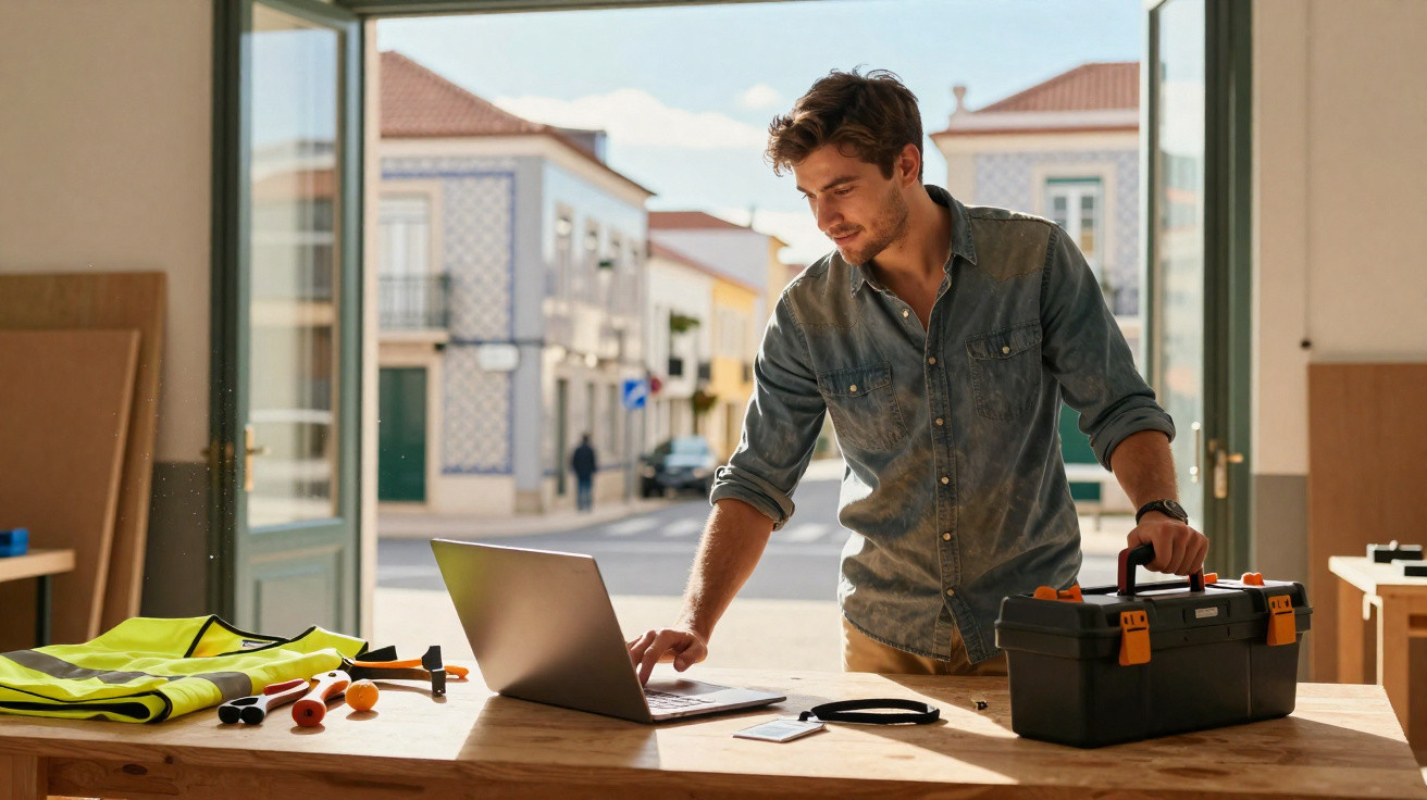 Man in denim shirt working on a laptop at a workbench with a toolbox and high-visibility vest nearby.