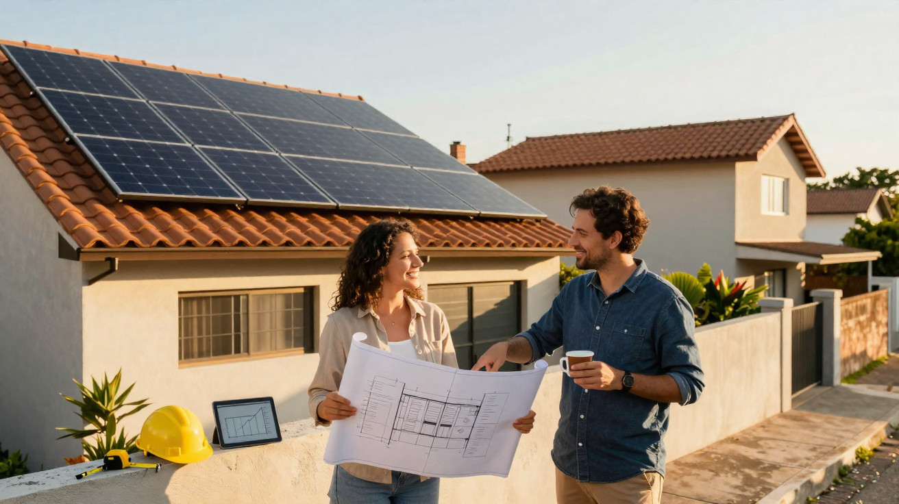 Couple reviewing house plans outside with solar panels on roof during sunset in suburban neighbourhood.