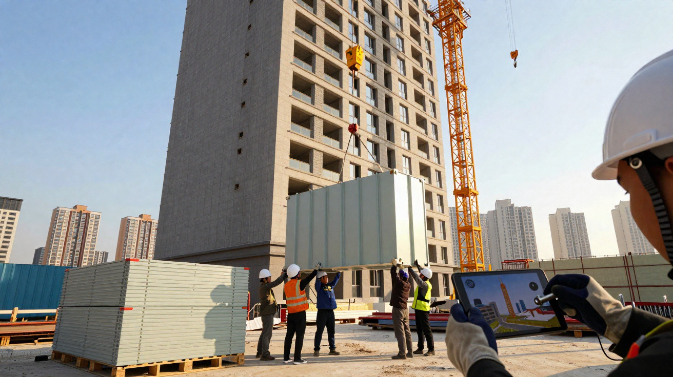 Construction workers positioning a large panel lifted by a crane at a building site with a tablet control.