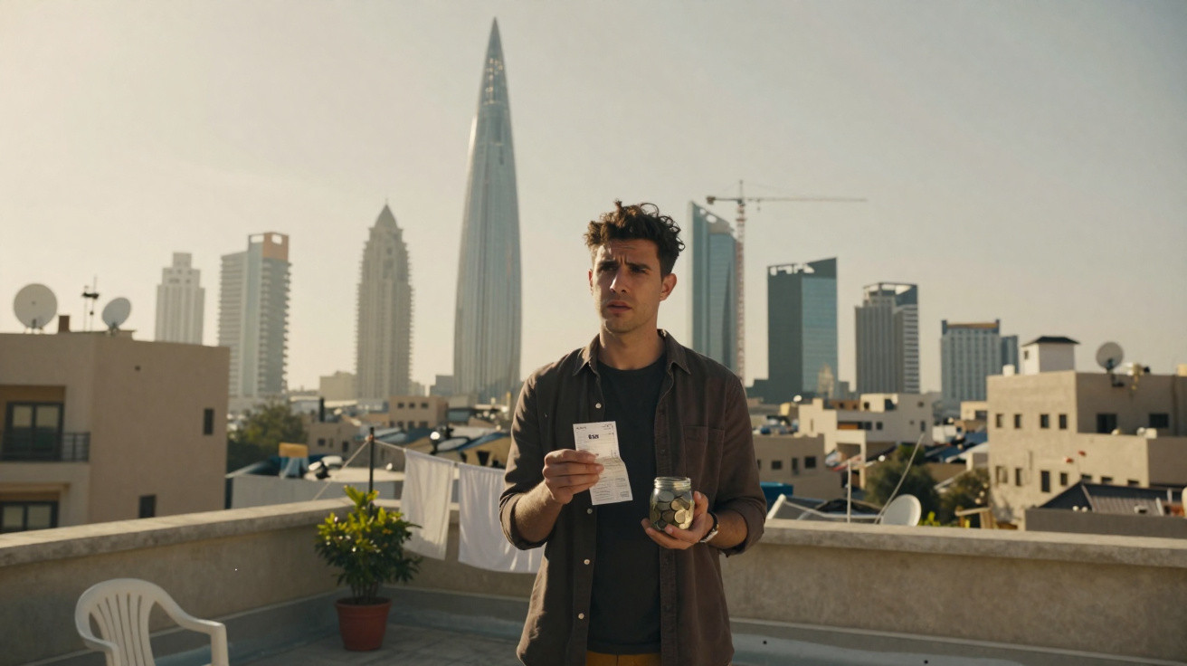Young man on rooftop holding receipt and jar of coins with city skyline in background.