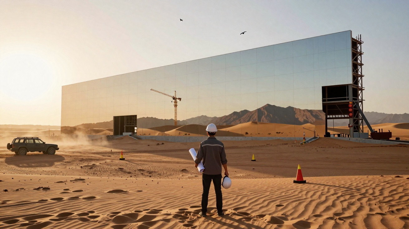 Person in hard hat observing a large mirrored wall structure in a desert with mountains and a crane in the background.