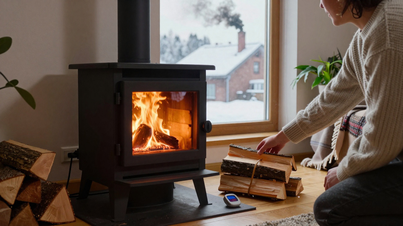 Person placing firewood next to a burning wood stove by a window showing a snowy house outside.