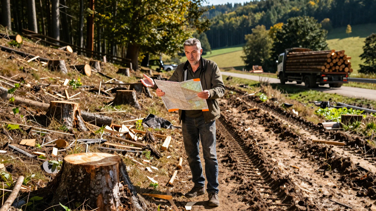 Man holding a map in a recently logged forest area with tree stumps and a truck loaded with logs nearby