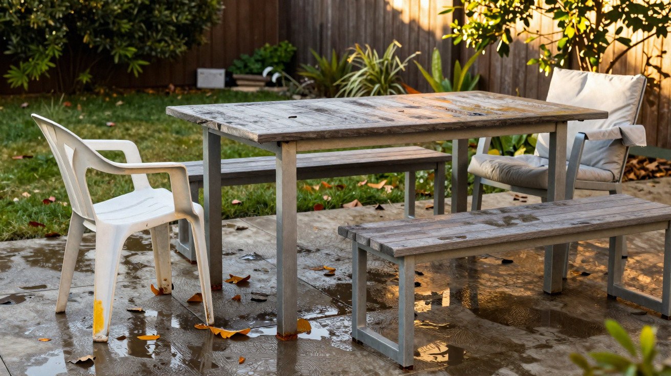 Outdoor patio with wet wooden table, bench, cushioned armchair, and plastic chair on a concrete slab.