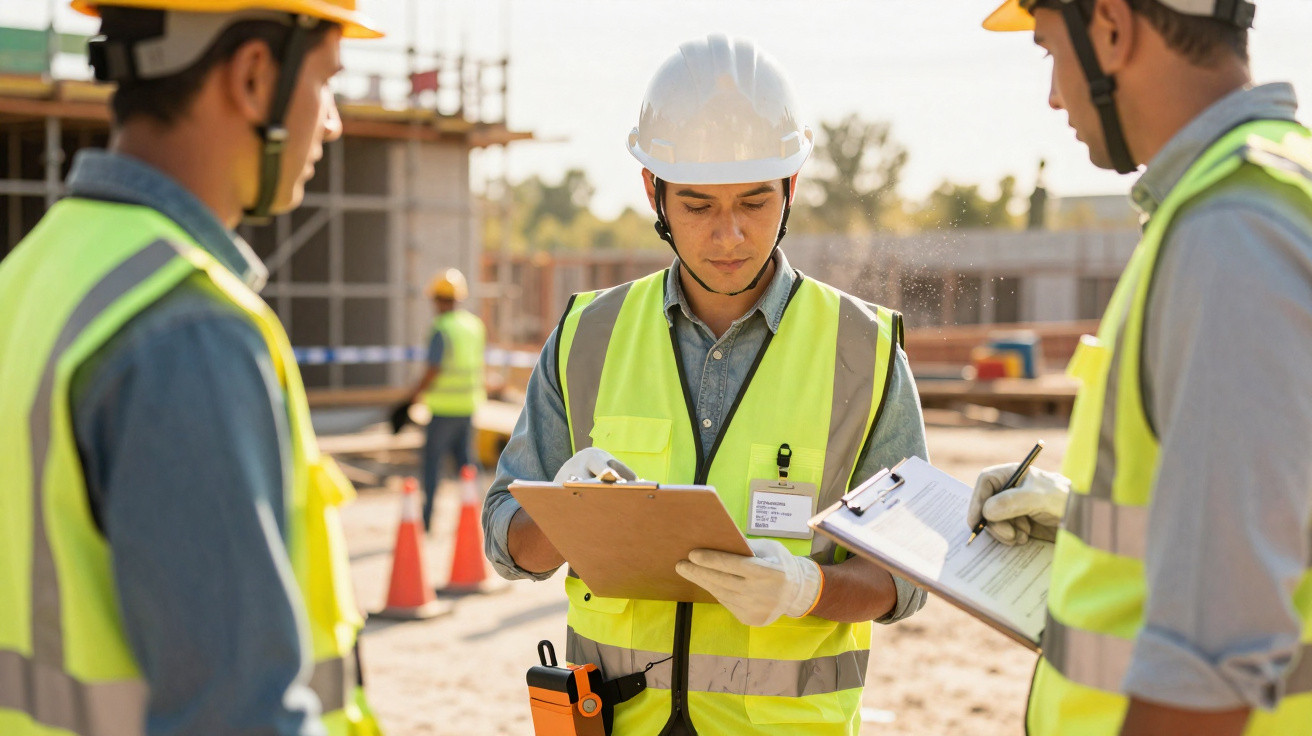 Construction workers wearing hi-vis vests and helmets, holding clipboards and discussing at a building site.