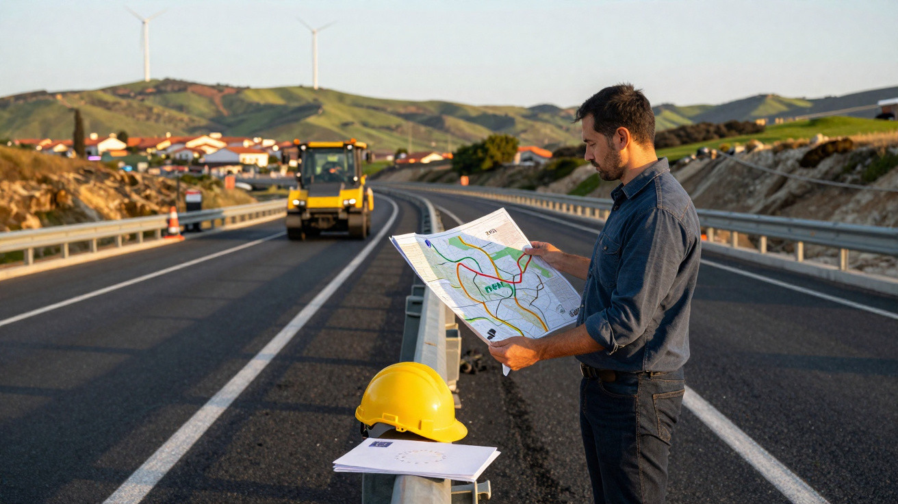 Man in blue shirt examining road map by highway with construction helmet and machinery in a rural area.