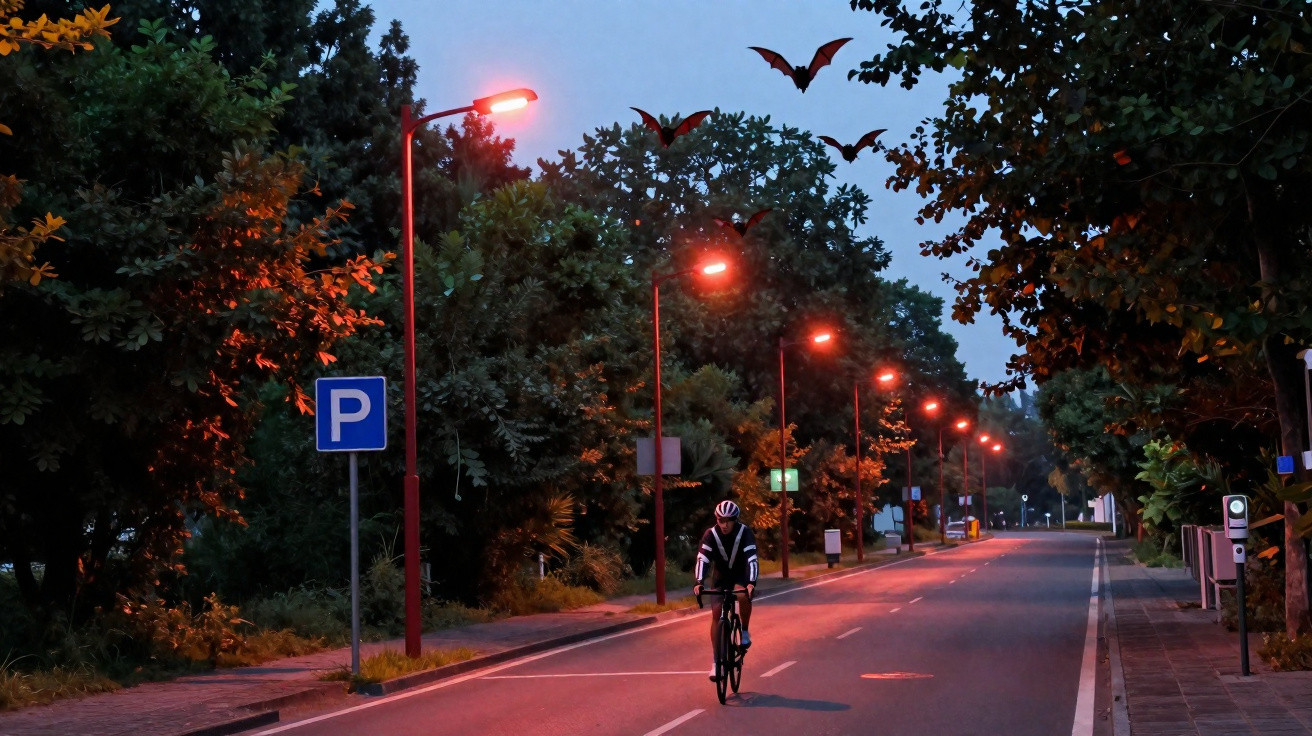 Cyclist riding on a quiet street at dusk with streetlights on and bats flying overhead.