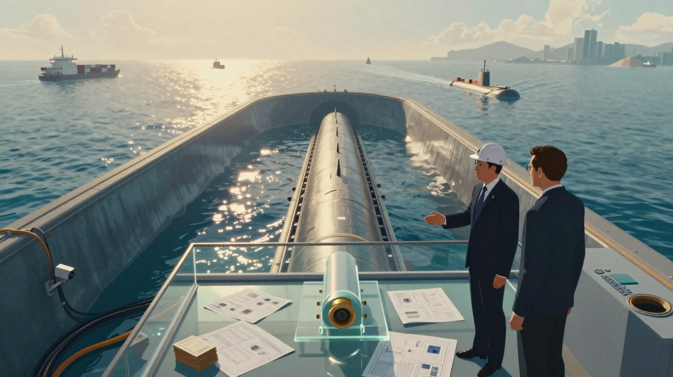 Two men in suits and a hard hat inspect a submarine on a ship with a city skyline and cargo vessels in the background.