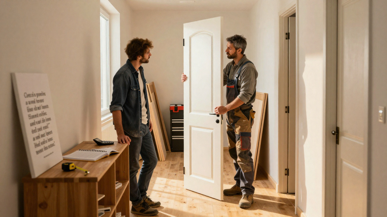 Two men installing a white door in a bright, unfurnished hallway with wooden flooring.